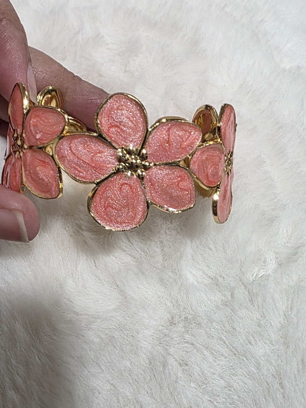 Stainless Steel  Gold-Tone Pink Floral Cuff Bracelet